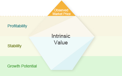 Observed Market Price, Intrinsic Value (Profitability,Stability,Growth Potential)